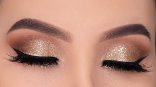 Classic Golden Glitter Eye Makeup Tutorial  Holiday Eye Look [upl. by Ecneret]