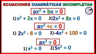 ECUACIONES CUADRÁTICAS INCOMPLETAS  TODOS LOS CASOS [upl. by Kilam]