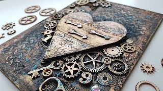 ♡ Steampunk Heart ♡ Mixed Media Canvas  Step by Step Tutorial [upl. by Eltsyrhc]