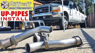 2001 F350 73  RiffRaff UpPipes Install  Stock up pipes leaking and falling apart JUNK SP [upl. by Merton]